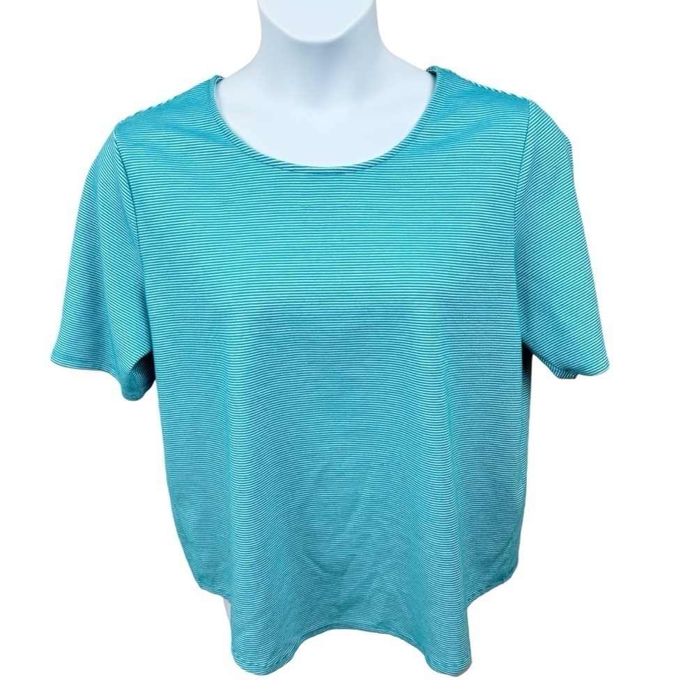 Chico's Teal and White Textured Short Sleeve Lace Up Top Size 3 (XL/16)